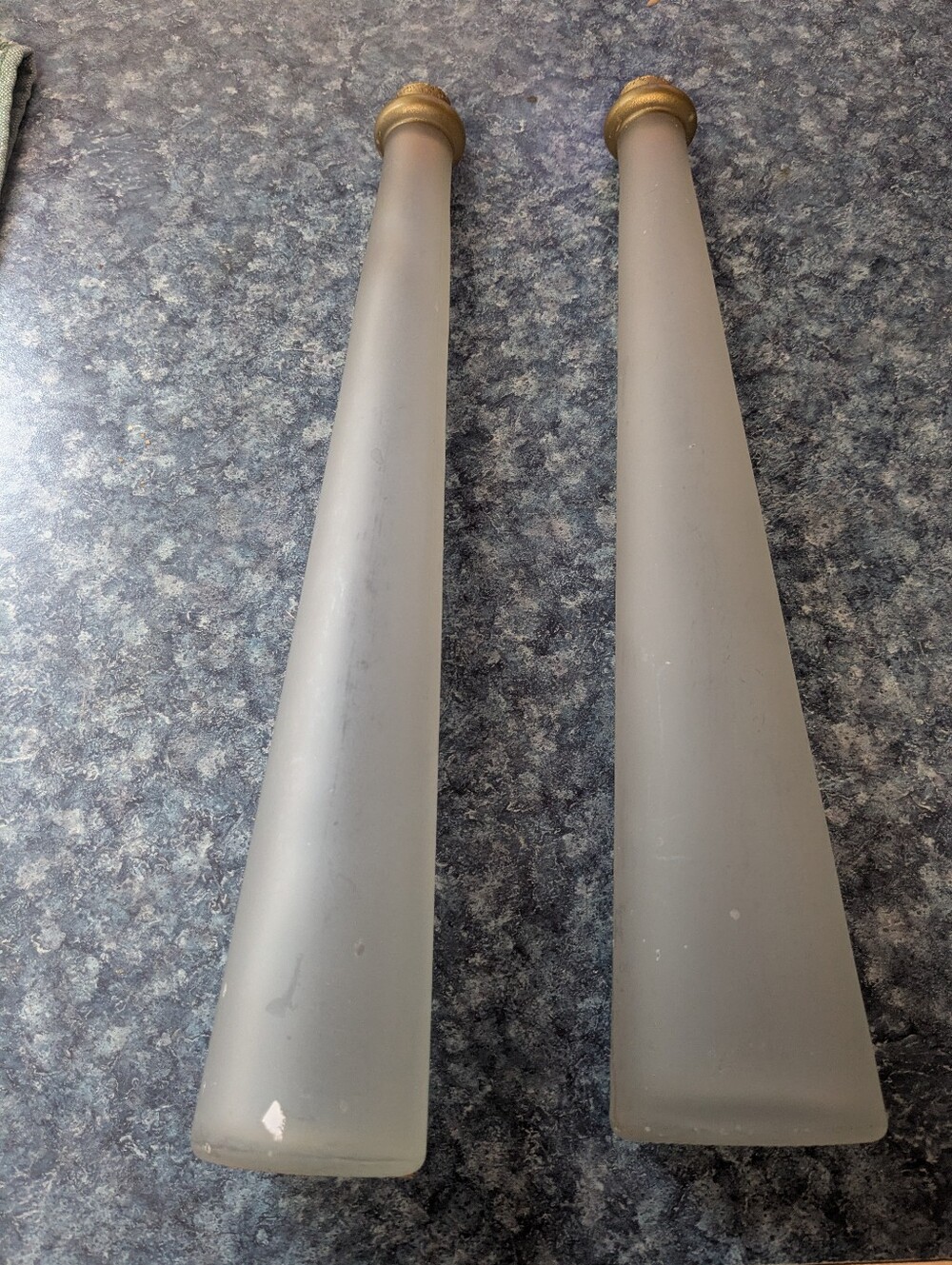 Frosted Glass Tapered Vase Pair with Gold Cork Caps.